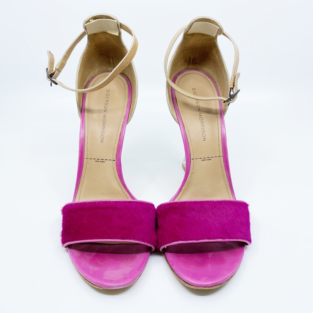 sigerson morrison • pink fuchsia haircalf tan dali lucite wedge heel sandals 9.5 - Picture 12 of 16
